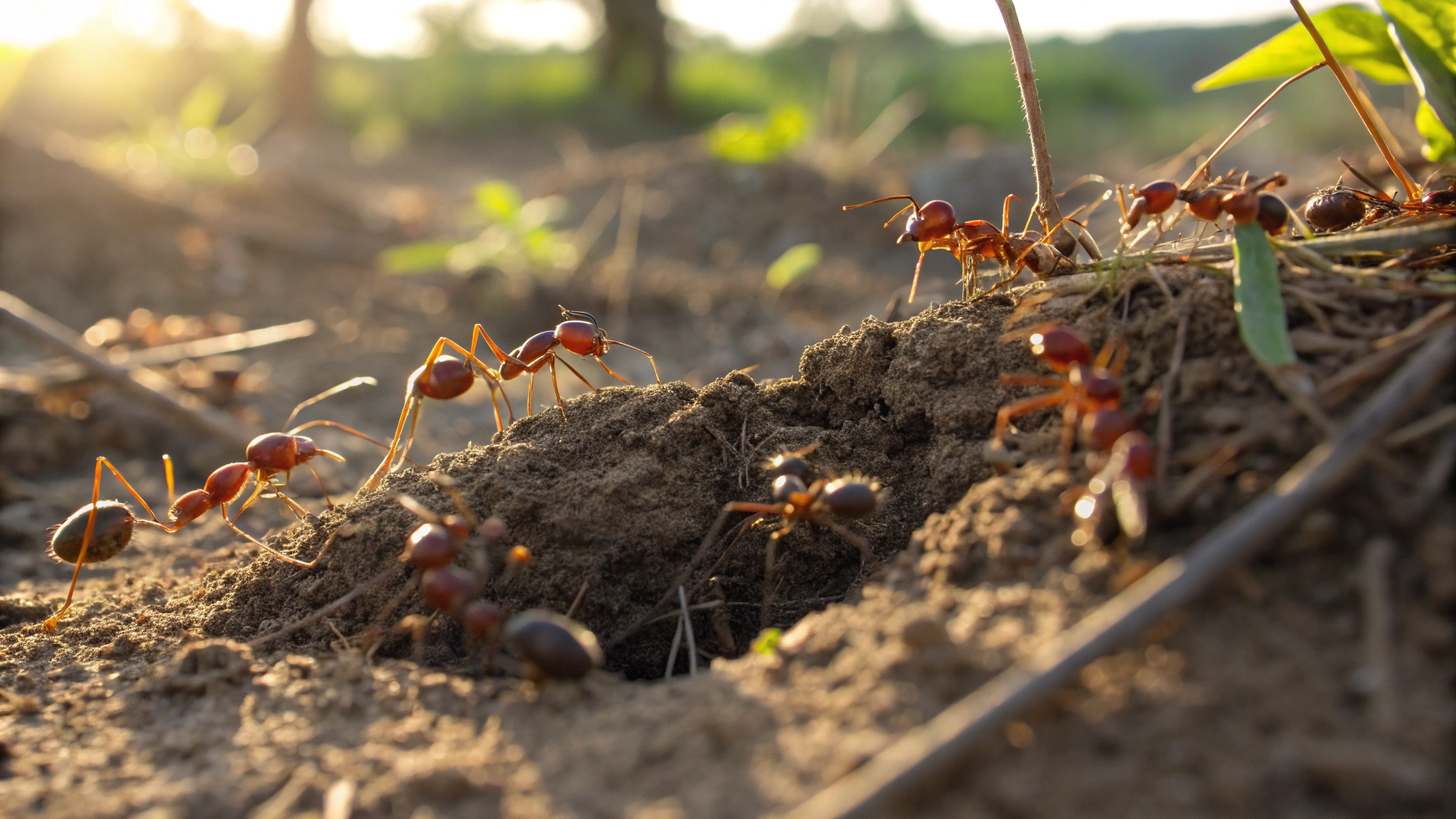 Macro shot of aggressive fire ants in Florida soil