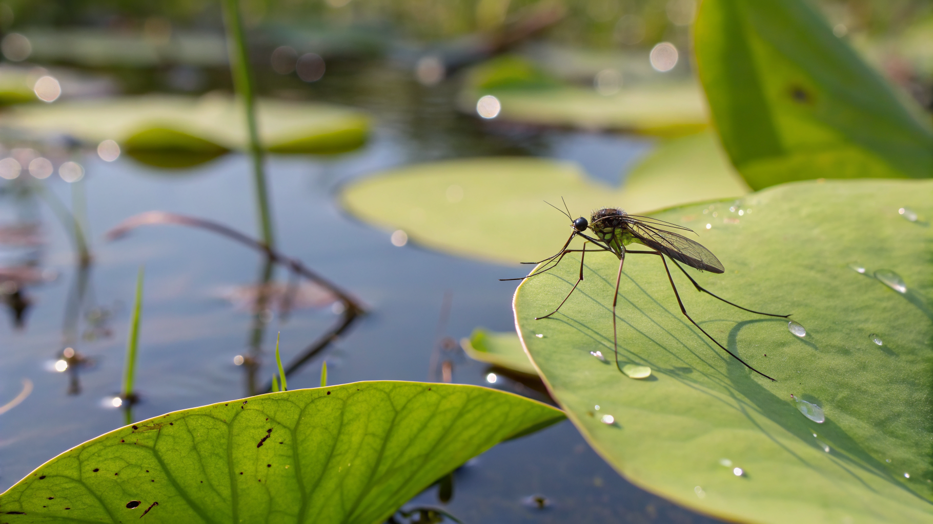 Macro view of a mosquito on a leaf in Florida wetlands